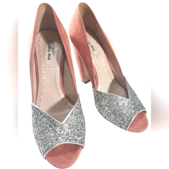 Miu Miu Shoes - Miu Miu Silver Coral Coarse Glittery and Suede Peep Toe Pumps Heels. 37